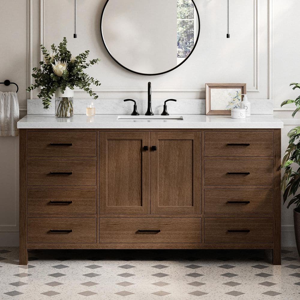 Cambridge 66 in. Single Sink Freestanding Bathroom Vanity in Brown Oak with Carrara White Marble Top price history on PriceWatchPro