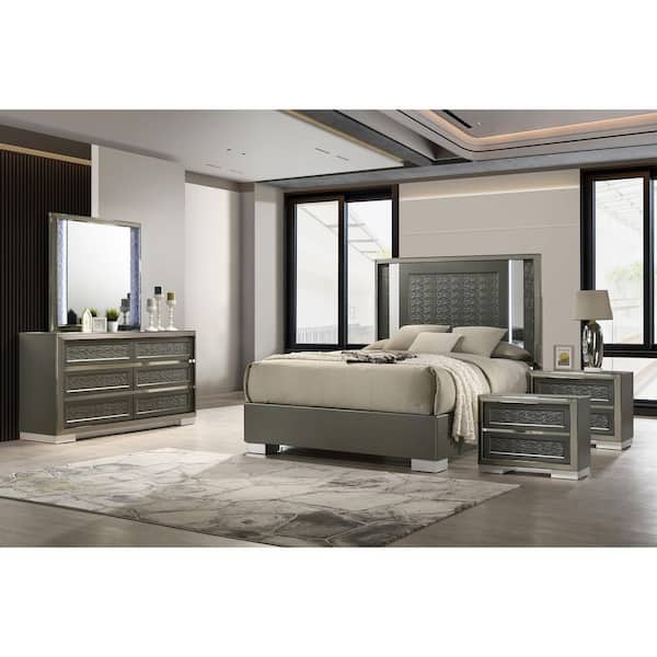 Jena 5-Piece Dark Gray Wood Frame King Platform Bedroom Set with LED on Headboard and Mirror, Leaf Pattern Moulding