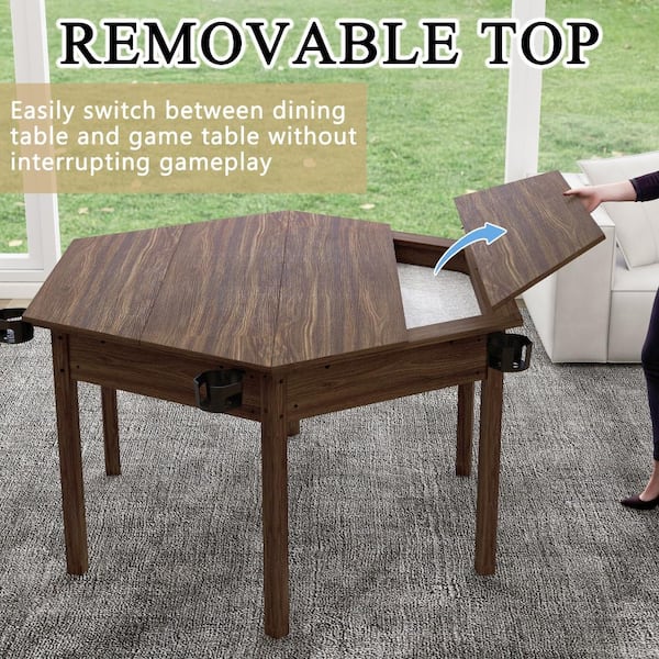 Brown Hexagon Dining Table with Removable Top,6 Players Board Game