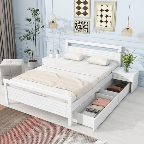 Harper & Bright Designs White Wood Frame Full Size Platform Bed with 2 Storage Drawers, 2 Bedside Tables, Center Support Legs