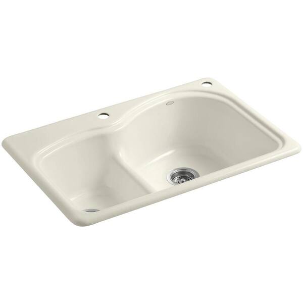 KOHLER Woodfield Smart Divide Drop-In Cast-Iron 33 in. 2-Hole Double Bowl Kitchen Sink in Biscuit