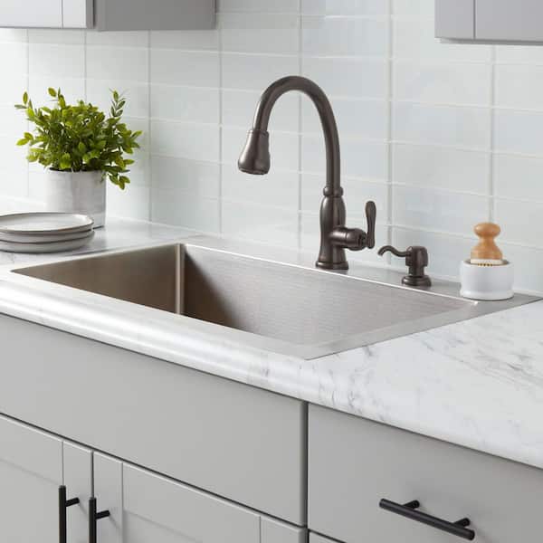 Pavilion Single Handle Pull-Down Sprayer Kitchen Faucet with Soap Dispenser in Bronze