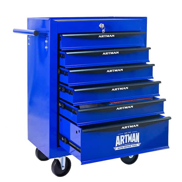 13 in. W 6 Drawer Rolling Metal Black and Blue Tool Carts with Ball Bearing Drawer Slides and Steel Tool Storage Box