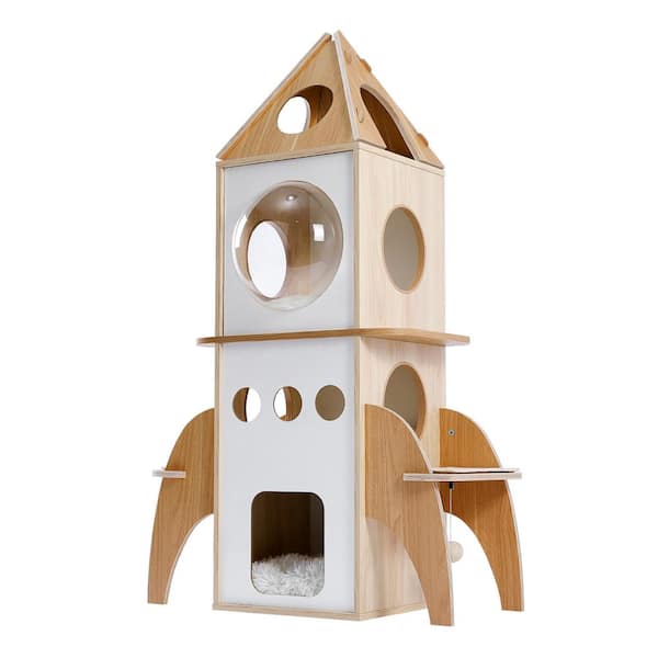 Foobrues Modern Cat Tree Rocket Shape, 54 in. Wood Cat Tower Multilevel for Indoor Cats, Cat Furniture with 3 Condos