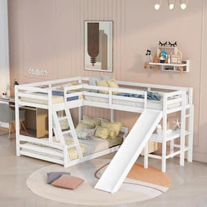 White L-Shape Triple Bunk Bed with Slide and Desk, Wood Bunk Bed Frame with Twin Size Loft Bed with Desk for Kids Teens