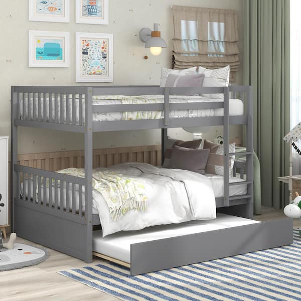 Polibi Full over Full Bunk Bed with Trundle, Convertible to 2 Full Size Platform Bed, Grey
