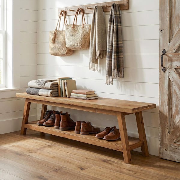 17.91 in. H x 63 in. W Brown Solid Wood Shoe Storage Bench, Farmhouse Eentryway Bench with Shoe Storage Shelf