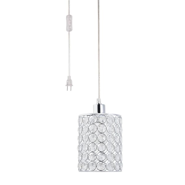 Globe Electric 15 ft. 1-Light Chrome/Crystal Cylindrical Plug in Clear Cord Pendant with Shade