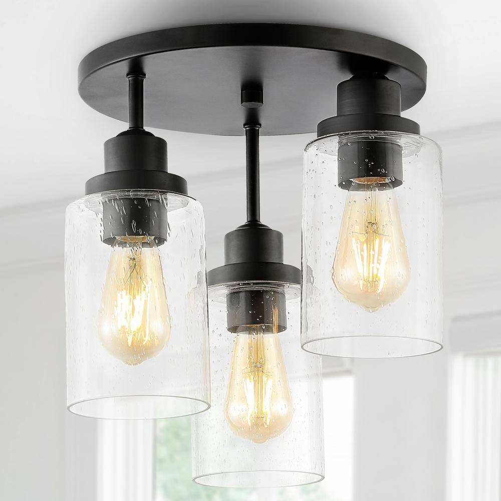 JONATHAN Y Jonah 12 in. 3-Light Black Bohemian Farmhouse Iron/Seeded Glass LED Semi Flush Mount, Clear