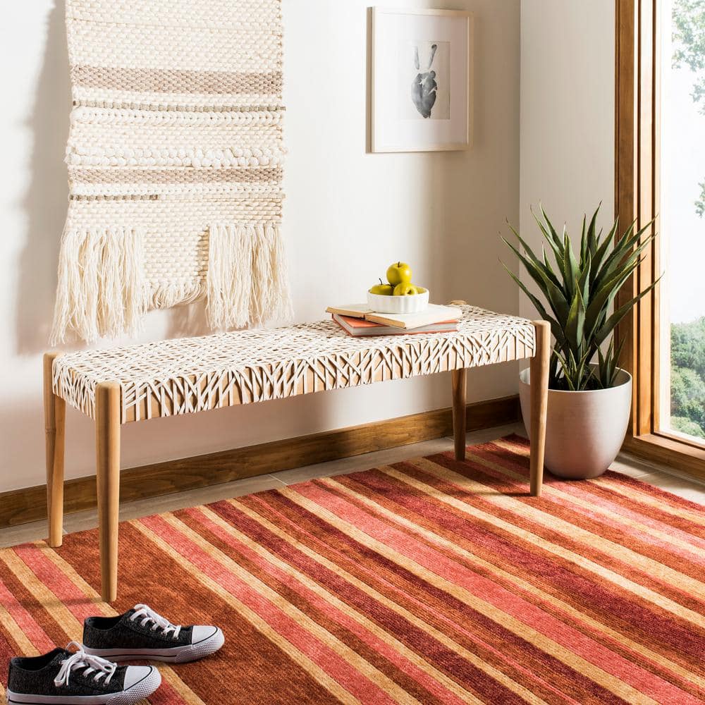 Transitional Natural Teak & Brown Leather Weave Bench, 47"