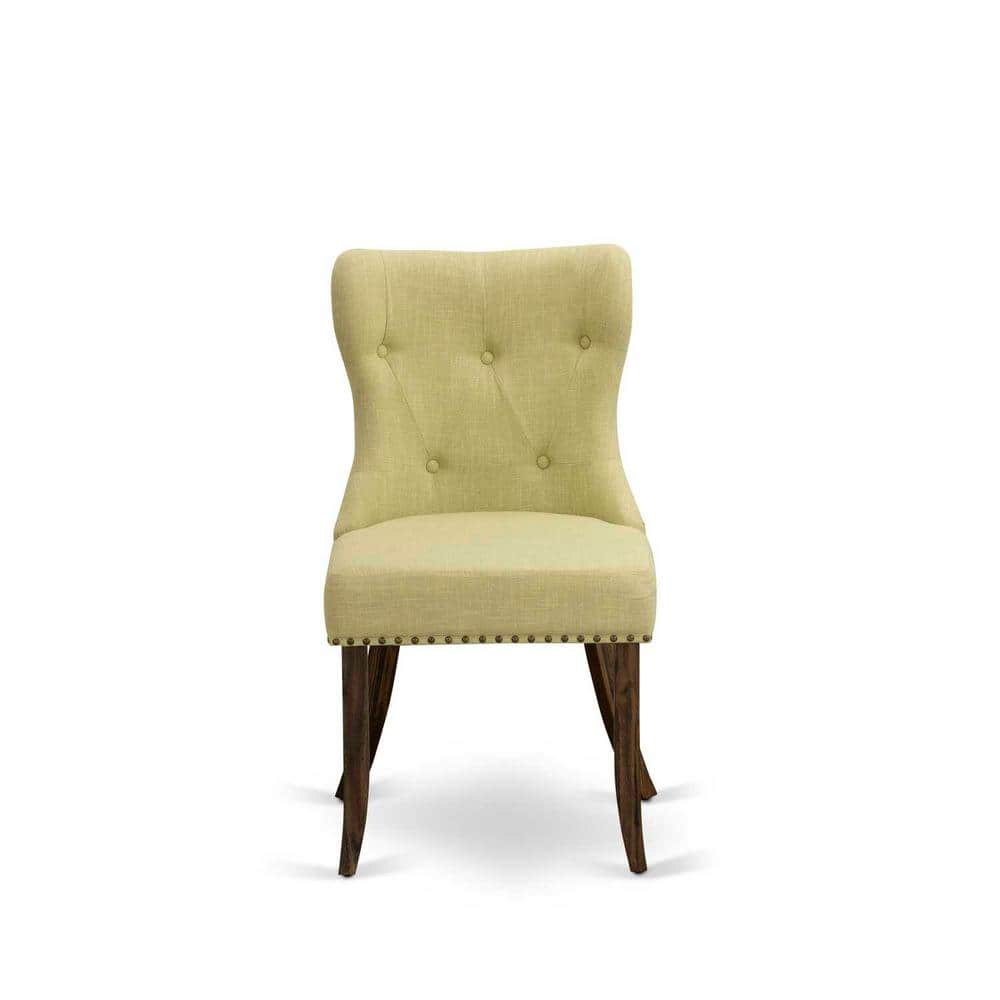 Distressed Jacobean Finish Round Pedestal Dining Table with Beige Linen Chairs