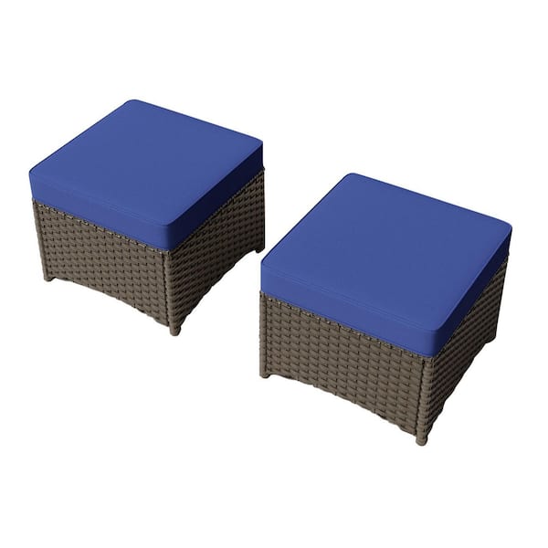 2-Pieces Wicker Outdoor Ottoman with Blue Cushions