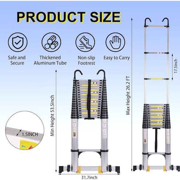 KIWDZFU Telescoping Ladder 26.2 FT Aluminum Multi-Purpose Lightweight Extension Ladder with Tool Tray Non-Slip 330lbs Capacity