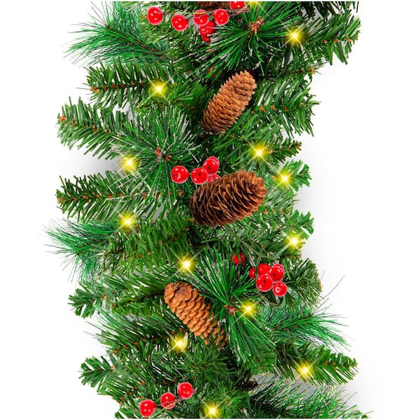 Best Choice Products 9 ft. Battery Operated Pre-Lit LED Artificial Christmas Garland with Silver Bristles, Pine Cones, Berries