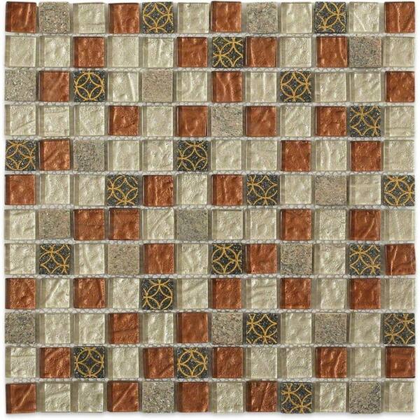 Splashback Tile Carved Redwood Blend 1 in. x 1 in. Marble and Glass Tile Mosaic Tiles - 6 in. x 6 in. Tile Sample
