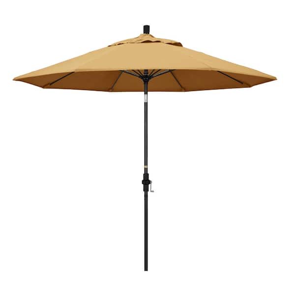 California Umbrella 9 ft. Matted Black Aluminum Market Patio Umbrella with Fiberglass Ribs Collar Tilt Crank Lift in Wheat Sunbrella