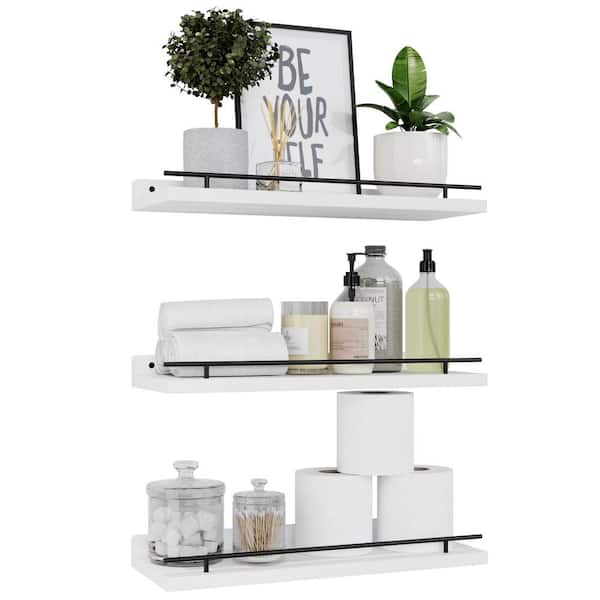Unbranded 15 in. W x 6 in. D White Floating Shelves with Metal Guardrail Decorative Wall Shelf, Set of 3