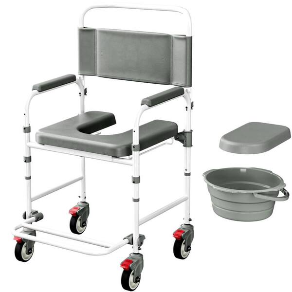 Extra Wide Toilet Safety Rail, Rear Front Open Toilet Seat in White & Grey, with Locking Wheels, 300 Lbs Capacity