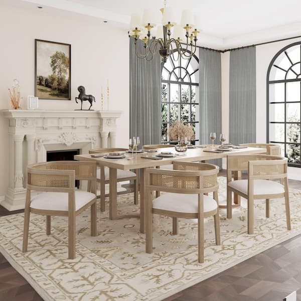  Lythor 7-Piece Dining Set with Cushioned Seats, Cane Rattan Webbing, Wood Top, Light Ash Plus Beige