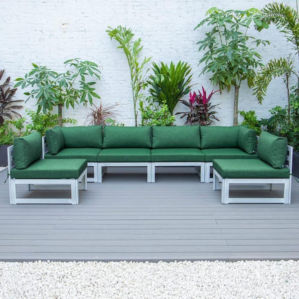 Leisuremod Chelsea 6-Piece Weathered Grey Aluminum Outdoor Patio Sectional with Green Cushions