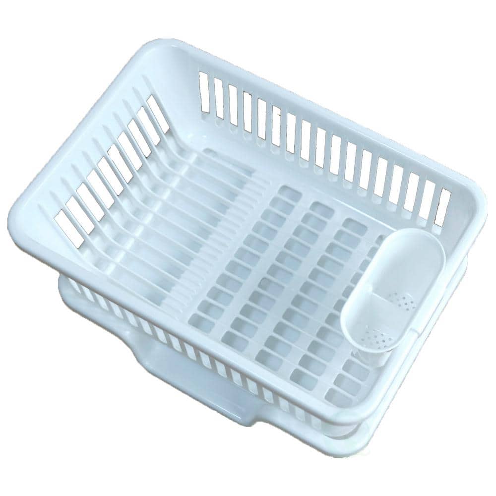White Heavy Duty Plastic Dish Drying Rack with Utensil Cup