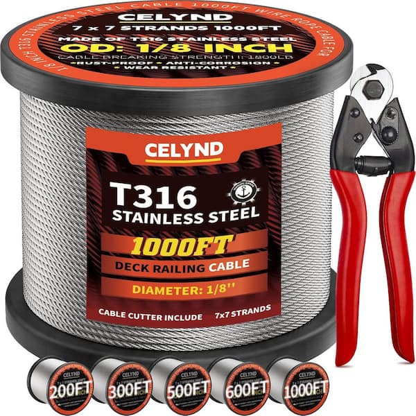 1000FT T316 Stainless Steel Cable Wire Rope for Deck Railings System Kit Smooth Surface Easy to Cut
