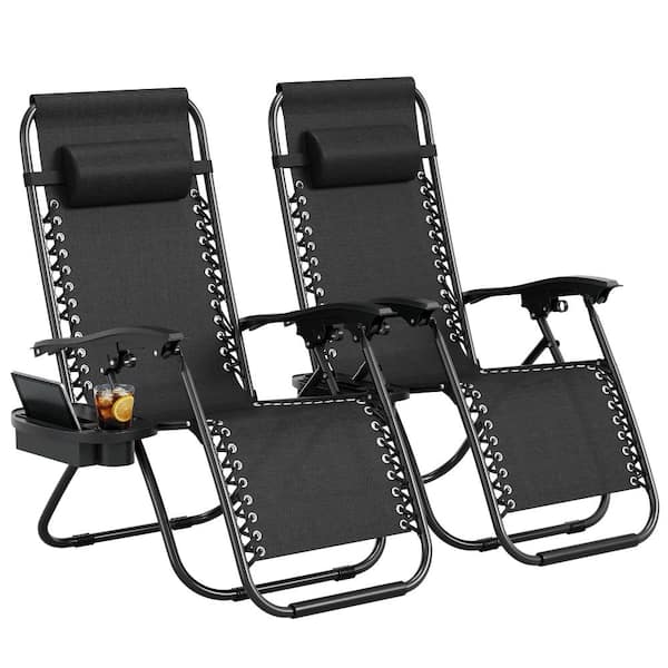 Zero Gravity Lounge Chair Set of 2 with Cup Tray & Pillow Reclining Folding for Patio Beach Camping - Black