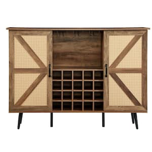 55.11 in. x 12.6 in. x 38.19 in. Oak Color Wooden Wine Cabinet w/Multiple Wine Racks 2 Barn-Doors and Adjustable Shelves