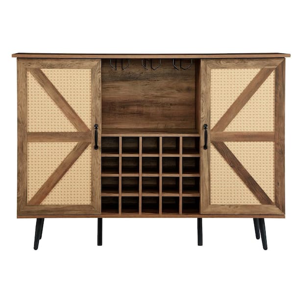 FUNKOL 55.11 in. x 12.6 in. x 38.19 in. Oak Color Wooden Wine Cabinet w/Multiple Wine Racks 2 Barn-Doors and Adjustable Shelves