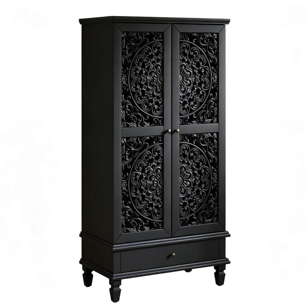 Avex Black 55 in. H Decorative Accent Storage Cabinet with Drawer and 2 Carved Doors