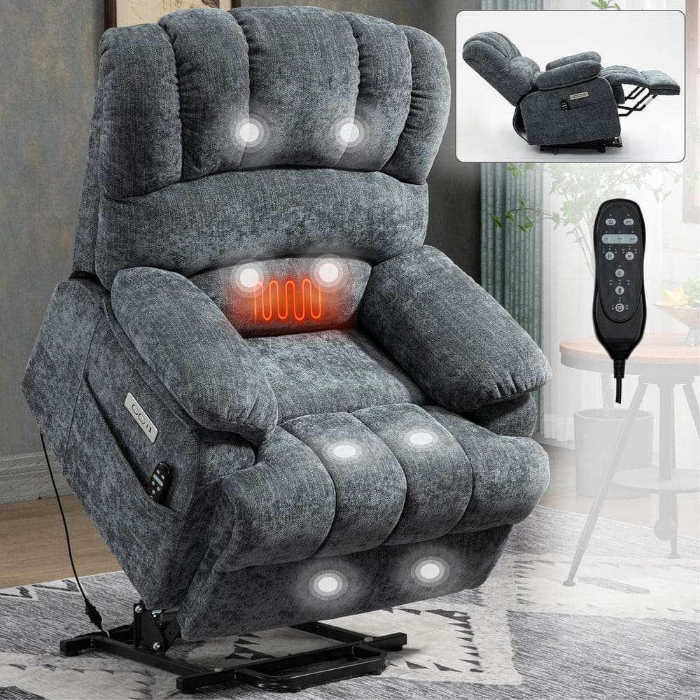 Grey High Back Chenille Power Lift Recliner Chair with 8-Point Vibration Ma