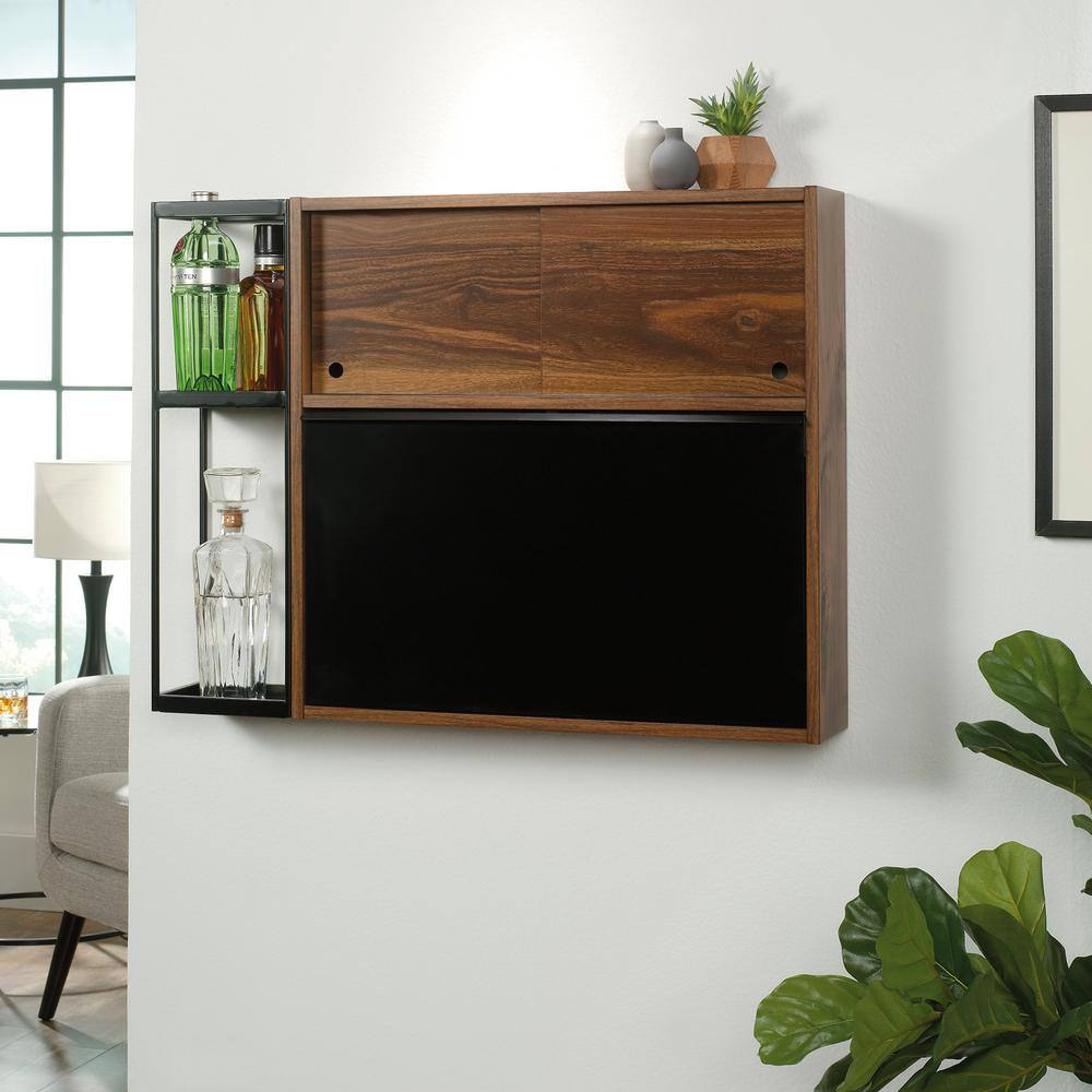 Grand Walnut and Black Wall Bar with Flip-Down Top
