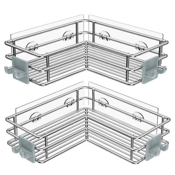 Rustproof Wall Mount Heavy-Duty Shower Caddy in Polished Silver, Basket Rack with Hooks, Rust Proof for Bathroom Shelf