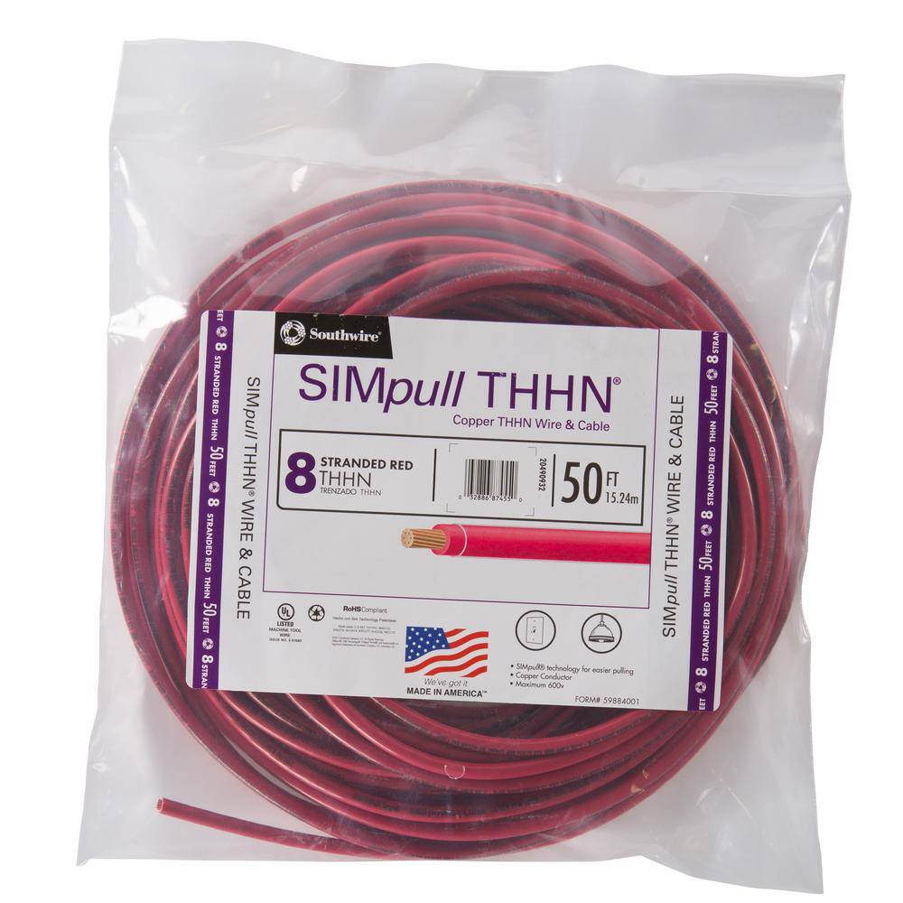 THHN 8 AWG Gauge Red  Nylon pvc Stranded Copper Building Wire 50 Feet