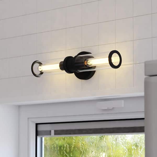 VAXCEL Levitt 19.25 in. 2-Light Vanity Light Black Industrial Bathroom Wall Fixture with Clear Tube Glass