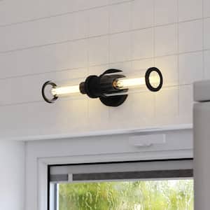Levitt 19.25 in. 2-Light Vanity Light Black Industrial Bathroom Wall Fixture with Clear Tube Glass
