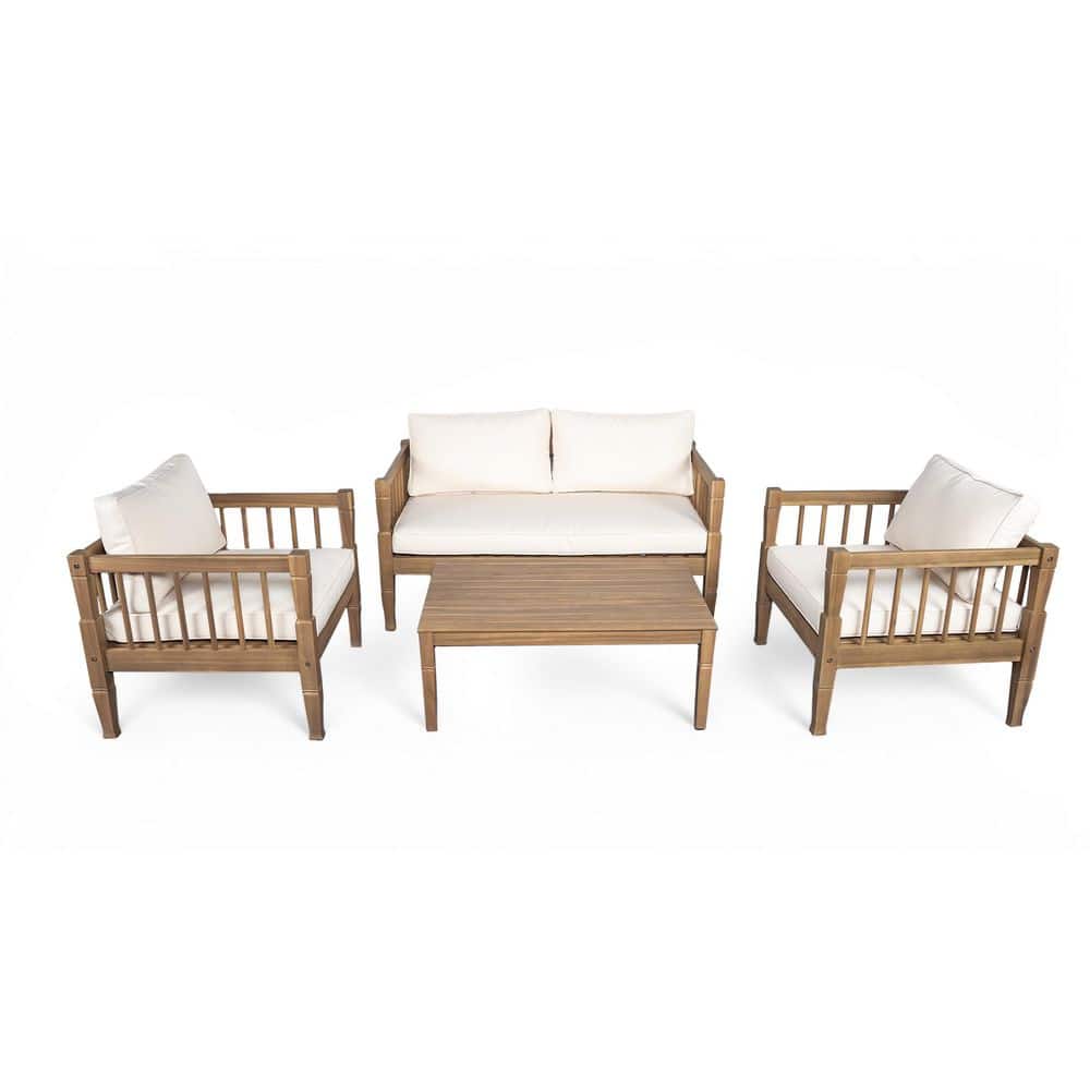 Sudzendf 4-Piece Wood Patio Conversation Set with Beige Cushions, 4 ...