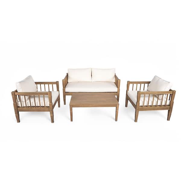 Sudzendf 4-Piece Wood Patio Conversation Set with Beige Cushions, 4 ...