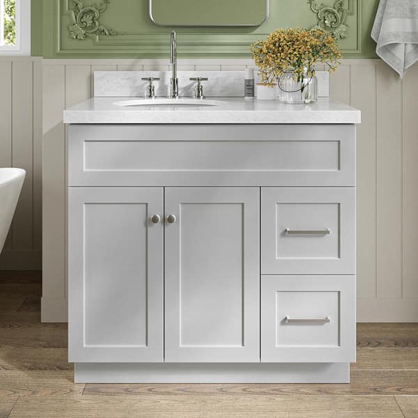 ARIEL Hamlet 37 in. W x 22 in. D x 36 in. H Bath Vanity in Grey with Carrara Marble Vanity Top