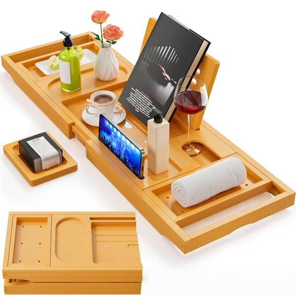 Premium Bathtub Tray Caddy with Extending Sides, Foldable and Expandable Bathtub Tray in Bamboo, Multiple Compartments