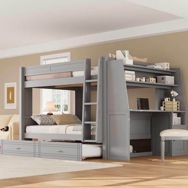 Gray Full Over Full Wood Bunk Bed with Desk and Bookshelves, Trundle