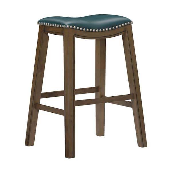 Benjara 31 in. Green and Brown Backless Wooden Frame Bar Stool with Faux Leather Seat
