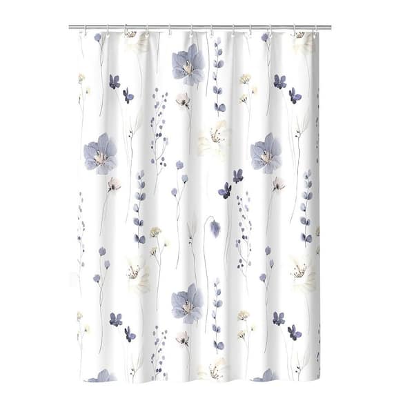 Watercolor Floral Shower Curtain 72x72 Fabric Bathroom Curtain Set with Hooks in Grey