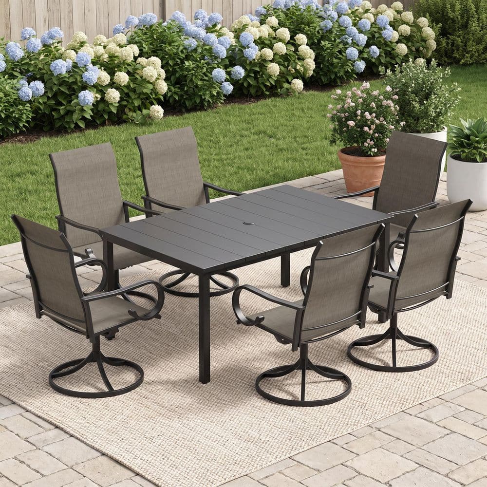 7-Piece Metal Outdoor Dining Set with 63 in. Black Rectangle Table and 6 Textilene Swivel Dining Chairs in Brown price history on PriceWatchPro