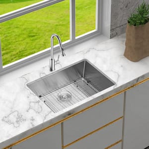 27 in. Undermount Single Bowl 16 Gauge Brushed Nickel Stainless Steel Kitchen Sink with Bottom Grids