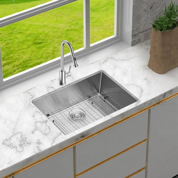 Unbranded 27 in. Undermount Single Bowl 16 Gauge Brushed Nickel Stainless Steel Kitchen Sink with Bottom Grids