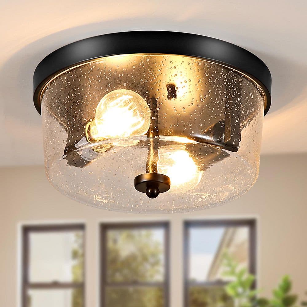 10.63 in. 2-Light Matte Black Flush Mount with Seeded Glass Drum Shade price history on PriceWatchPro
