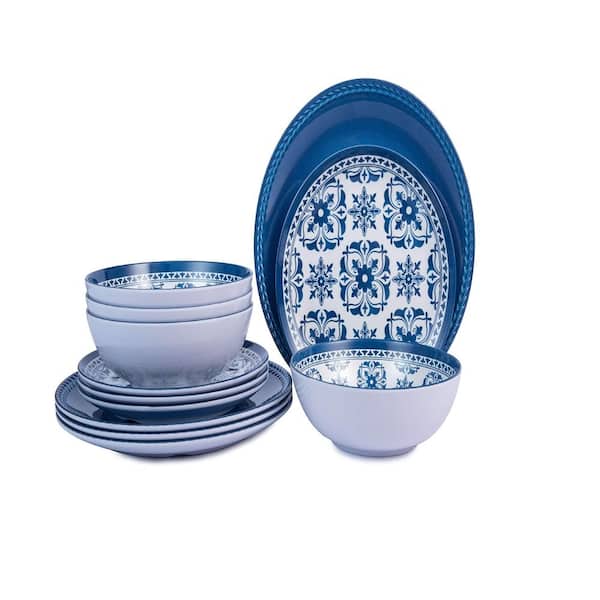 12-Piece Blue Flower Melamine Dinnerware Set Service for 4 with Dinner Plates Salad Plates and Bowls