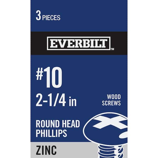#10 x 2-1/4 in. Zinc Plated Phillips Round Head Wood Screw (3-Pack)