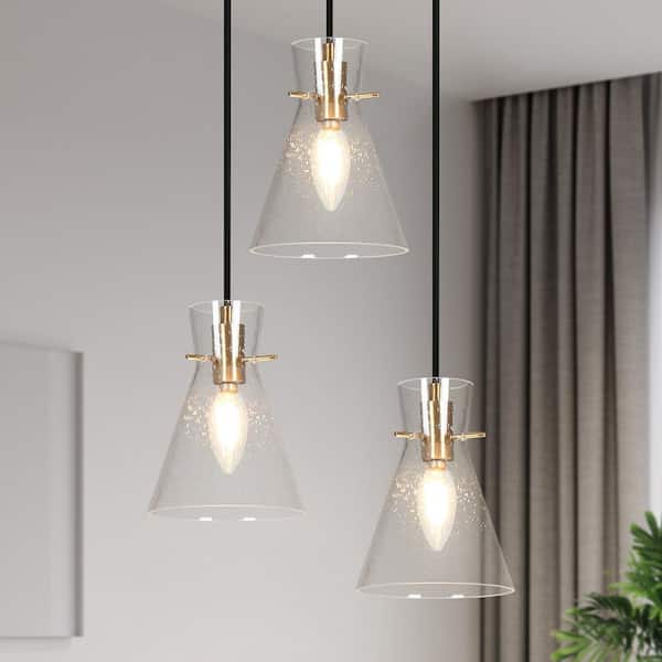 Uolfin Transitional Kitchen Island Cluster Pendant Light 4-Light Plating Brass Pendant Light with Cone Clear Glass Shades